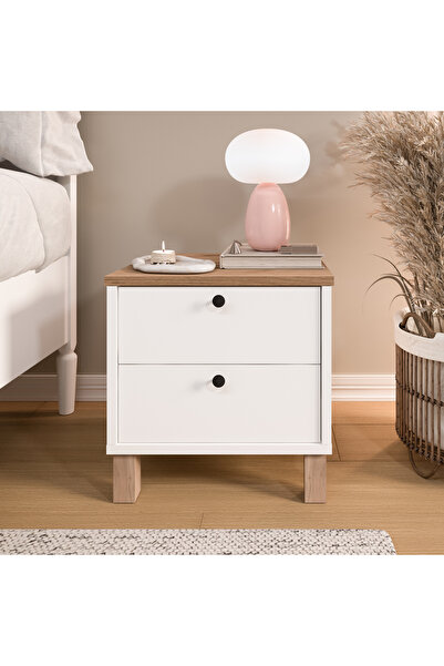 Yurudesign Nord Komodin 2 Çekmeceli Ahşap Ayaklı Sepet-Beyaz ND9-SW