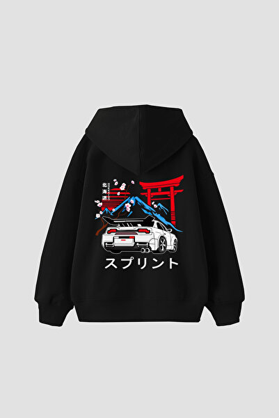 Sekizbiraltı Japanese Honda Sakura Printed Oversize Unisex Black Hoodie