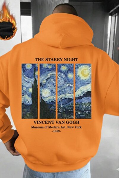 CAST COLLECTİON Men's Orange Van Gogh Printed Hooded Sweatshirt