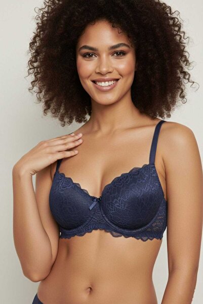 enmodaiçgiyim Sutien cu sârmă și susținere, din dantelă, albastru marin - Des...