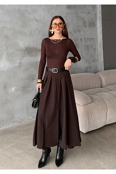 BEJNA Fusta țesută plisată maxi cu curea pentru femei