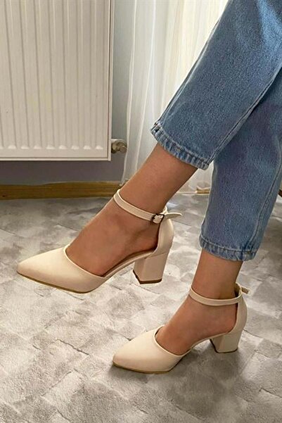 Difolia Women's Cream Skin Color 6 cm Heeled Ankle Strap Open Side Shoes