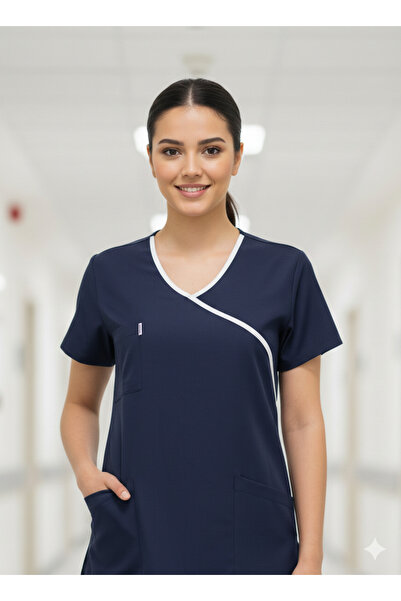 temex LACİVERT SCRUBS BEYAZ BİYE MODELLİ TASARIM HEMŞİRE DOKTOR FORMASI UNUSE...