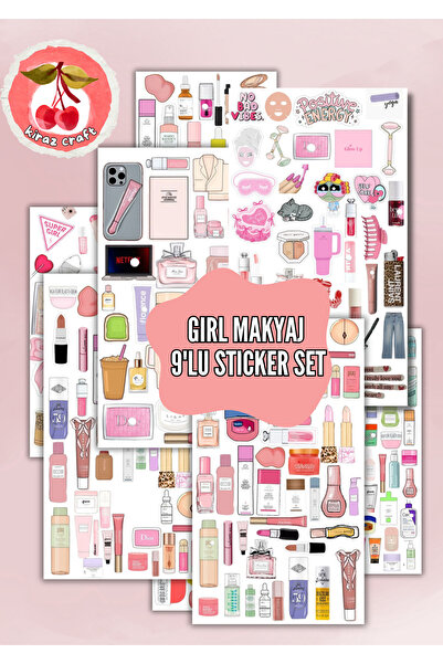 Kiraz Craft Girl Makyaj & Kozmetik Temalı 9’lu Sticker Set – Estetik Beauty P...