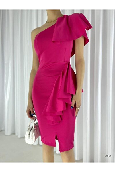 Modafeminen Scuba Fabric One-Shoulder Flounce Split Evening Dress 582150 Fuchsia