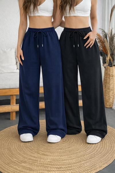 SULVERY DOUĂ BUCĂȚI PANTALONI DE TRENING NEGRU/ALBASTRU MARIN, CU TIV LARG, C...