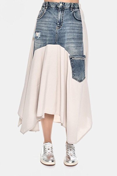DQMANE Design Stone Detailed Denim Chiffon Skirt