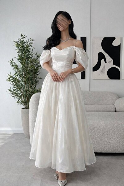 MILANORA White evening dress with puffy sleeves