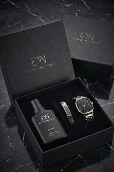 Duke Nickle Erkek Gümüş Kol Saati Siyah Bileklik Parfüm Hediye Seti