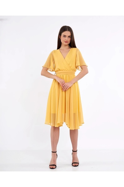 Swass V-Neck Butterfly Sleeves Elastic Waist Chiffon Dress Yellow