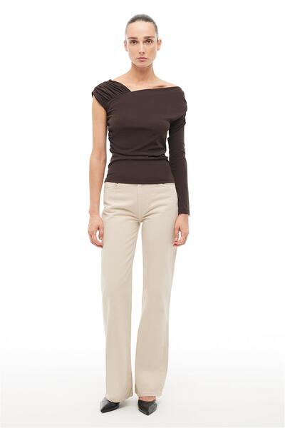 Perspective Brown Asymmetric Collar Slim Fit Blouse