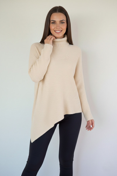 azragül giyim Women's High-Neck Asymmetrical Knit Sweater