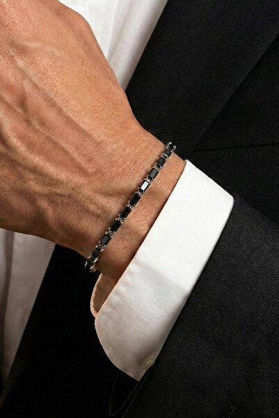 FRNCH Bronz Madenli Siyah Zirkon Taşlı Siyah Renk Tennis Erkek Bileklik FRJ12...