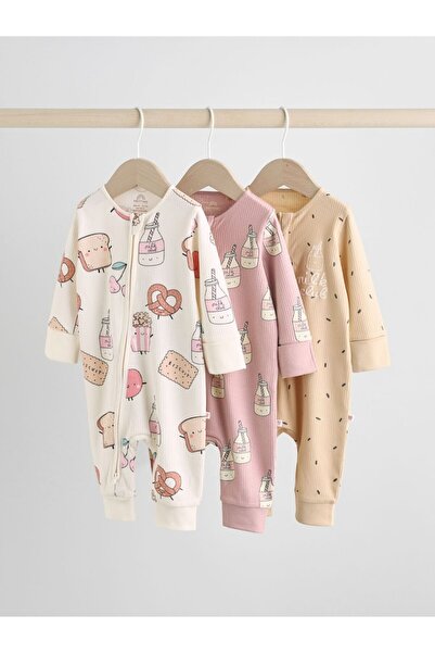 Next Baby Cotton Cream Pink Patterned 3-Piece Romper Set