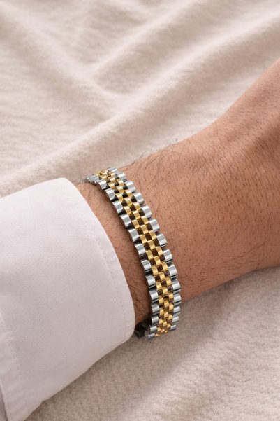 Owentis Steel Silver Gold Mix Rlx Model Men's Bracelet -Does Not Tarnish-