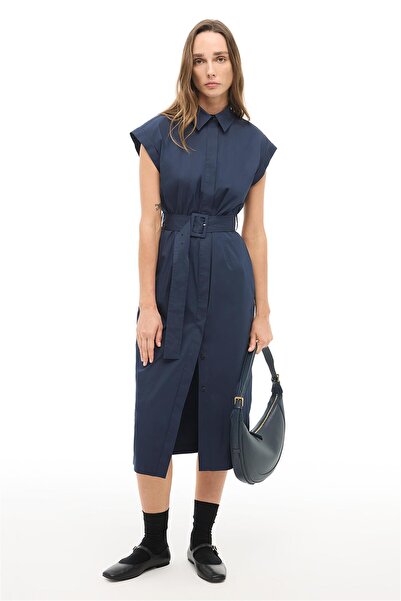 Perspective Navy Blue Shirt Collar Below Knee Dress