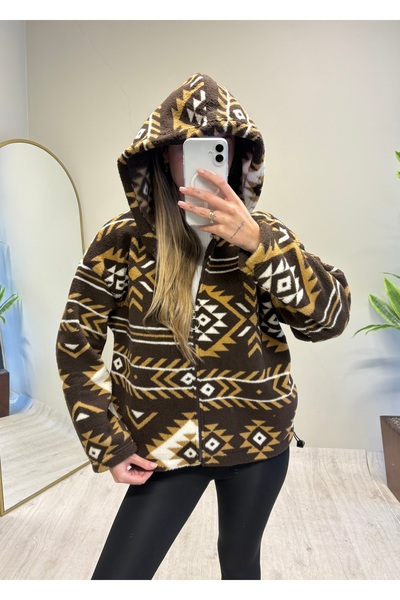 ADELLA BUTİK Peluş Cepli Kapüşonlu Desenli Mont