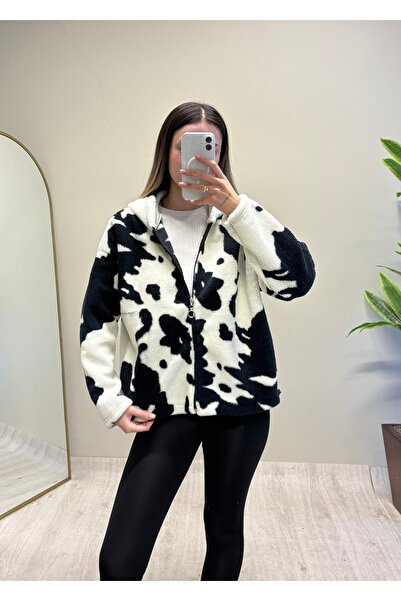 ADELLA BUTİK Peluş Cepli Kapüşonlu Desenli Mont