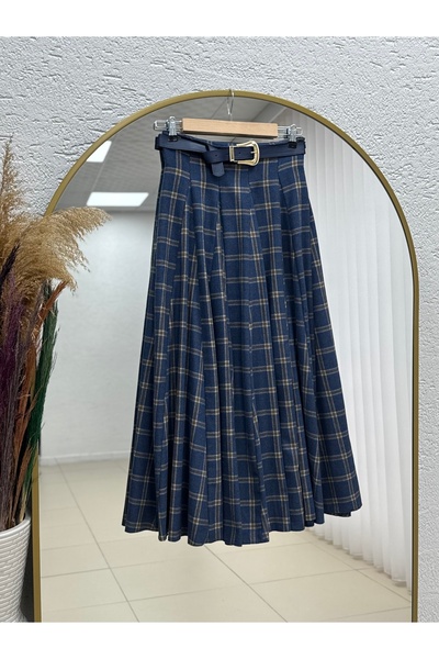 MİHRA STORE Işıl Yüksel Plaid Skirt with Waist Belt-Aa4373 Indigo