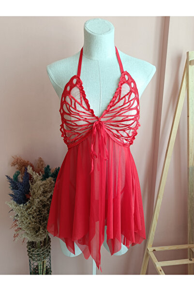 Nightlight Butterfly Önden Yırtmaçlı Çeyizlik Kadın Tül Gecelik / Tanga Set-K...