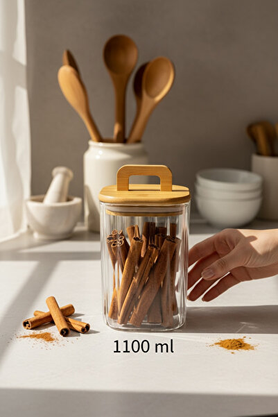 MİEN Bambu Kapaklı 1100 ml Line (Çizgili) Cam Saklama Kavanozu