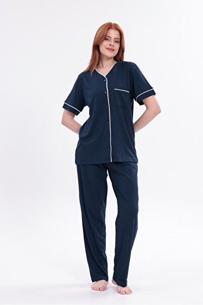 Yulem Homewear Women's Navy Blue Ribbed Front Buttoned Cotton Short Sleeve Pa...