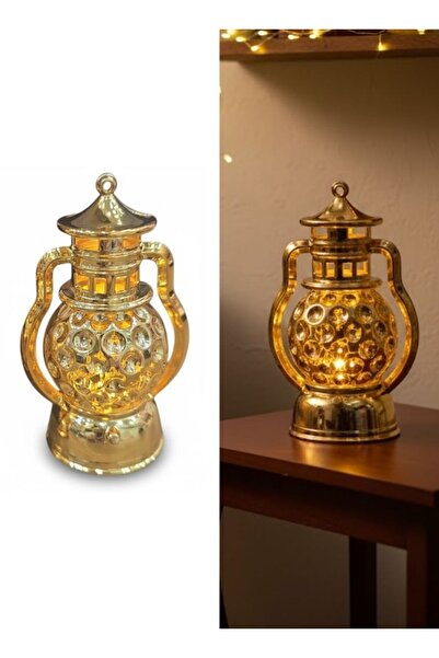 Premium فانوس رمضاني بتصميم كريستالي ذهبي، مصباح طاولة LED، ديكور احتفالي