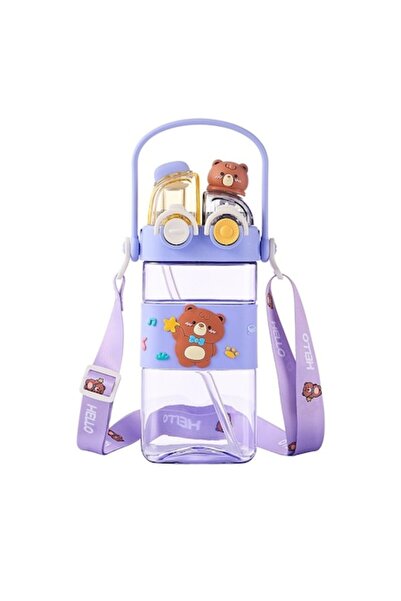 Mixbo Sticlă de apă 2 în 1 cu pai, curea și mâner, plastic, violet, 450 ml