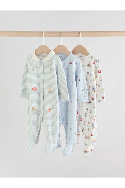 Next Baby Cotton Blue London Patterned Peter Pan Collar 3-Piece Romper Set