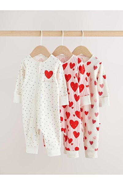 Next Baby Cotton Red and White Heart Patterned 3-Piece Romper Set