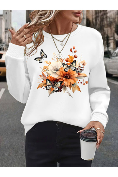 mercoledi سويت شيرت برقبة دائرية للجنسين مطبوع عليه زهرة الفراشة للنساء/الرجال