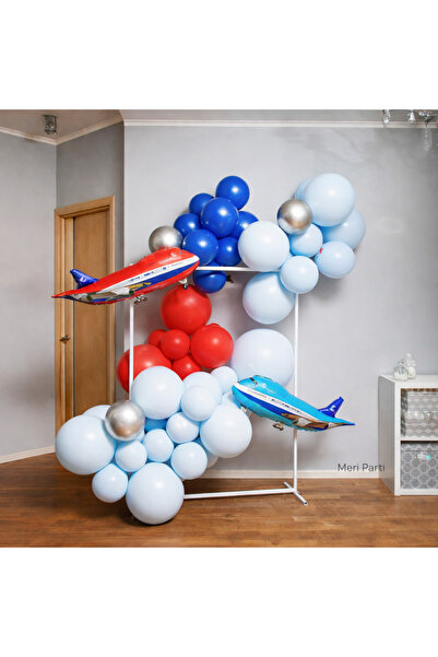 MERİ PARTİ Uçak Temalı Balon Arka Fon Seti Kırmızı Mavi Konsept Doğum Günü De...