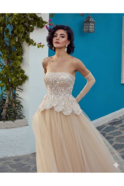 Hanımefendi Giyim Strapless Evening Dress with Tulle Skirt, Sparkling Corset ...