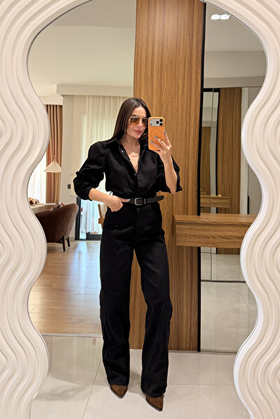 Gizem Ecemiş Lermai Siyah Denim Kemerli Tulum
