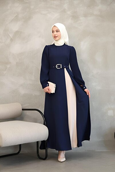 ISTANBUL STYLES Asymmetrical Cut Belted Two-Color Long Hijab Dress - Navy Blue