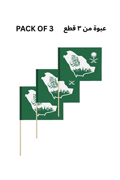 Premium مجموعة أعلام يدوية لليوم الوطني السعودي، 3 أعلام صغيرة خضراء، عصا خشبية