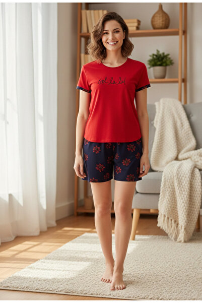 YusGos Women's Short Sleeve Crew Neck Shorts Patterned Cotton Pajama Set