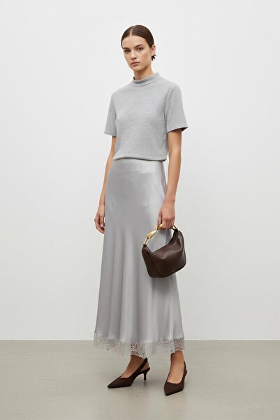 Loreen Fusta lungă cu detalii din dantelă din satin-20729 - GRI