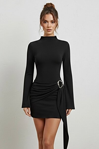 boutiquen High Collar Buckle Detailed Gathering Mini Dress