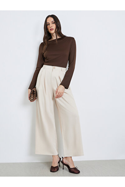 Styli Women Cream Wide Leg Trousers
