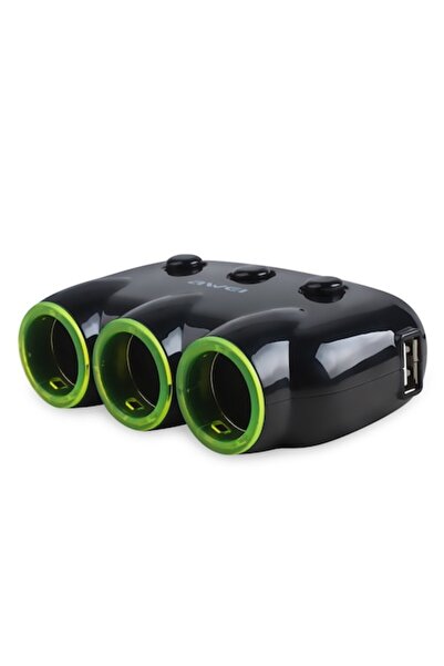 AWEI Adaptor cu priză triplă pentru bricheta auto, 3 porturi 2xUSB, 3.1A, negru