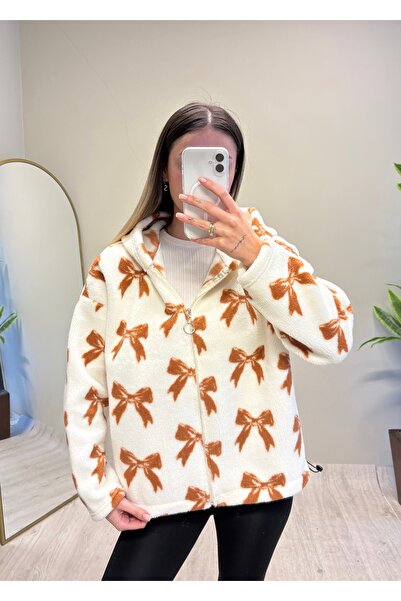 ADELLA BUTİK Peluş Cepli Kapüşonlu Desenli Mont