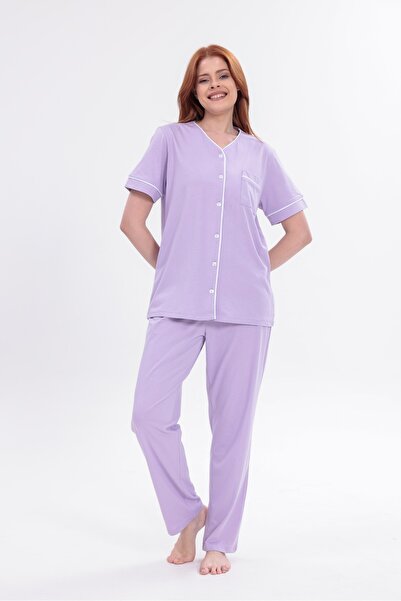 Yulem Homewear Women's Lilac Piping Front Buttoned Cotton Short Sleeve Pajama...