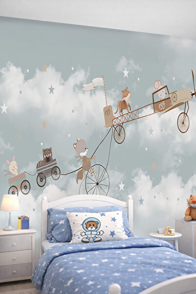 dreamwall Bulutlarda Uçan Sevimli Hayvanlar ve Uçak Temalı Tek Parça Tekstil ...