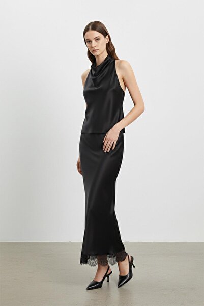 Loreen Fusta lungă cu detalii din dantelă satinată-20729 - NEGRU