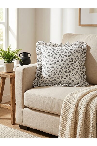 LILYUM Pamuklu Çiçek Desenli Fırfırlı Dekoratif Kırlent Kılıfı 43x43 CM