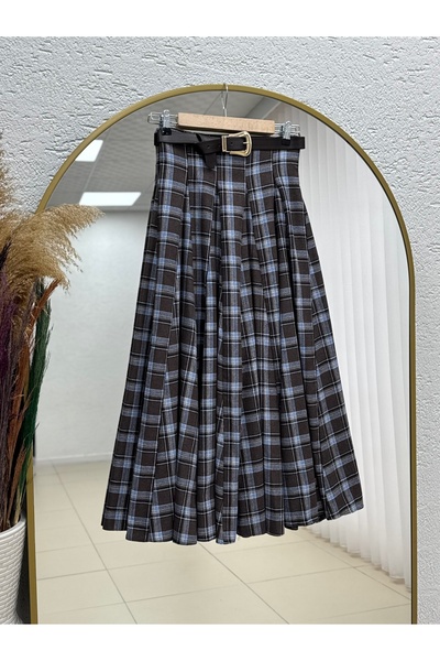 MİHRA STORE Işıl Yüksel Plaid Skirt with Waist Belt-Aa4373 Brown-Blue
