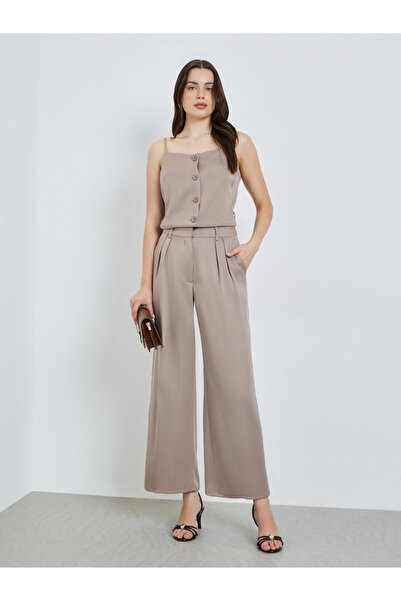 Styli Women Beige Fold Pleat Wide Leg Trousers