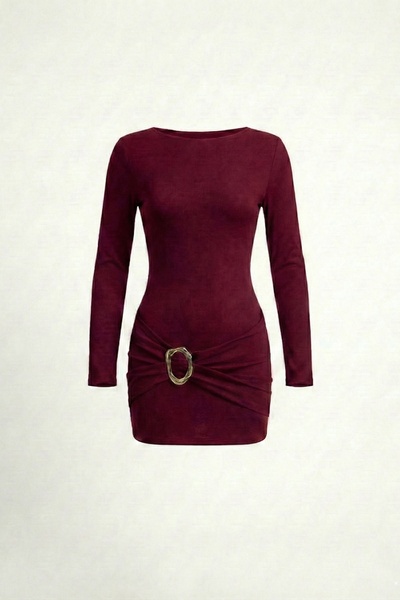 JE-TU Crew Neck Buckle Detailed Mini Design Dress Jt9352