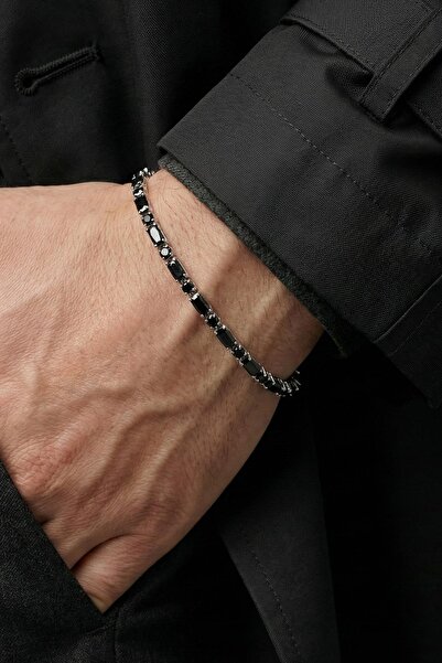 FRNCH Bronz Madenli Siyah Zirkon Taşlı Siyah Renk Tennis Erkek Bileklik FRJ12...